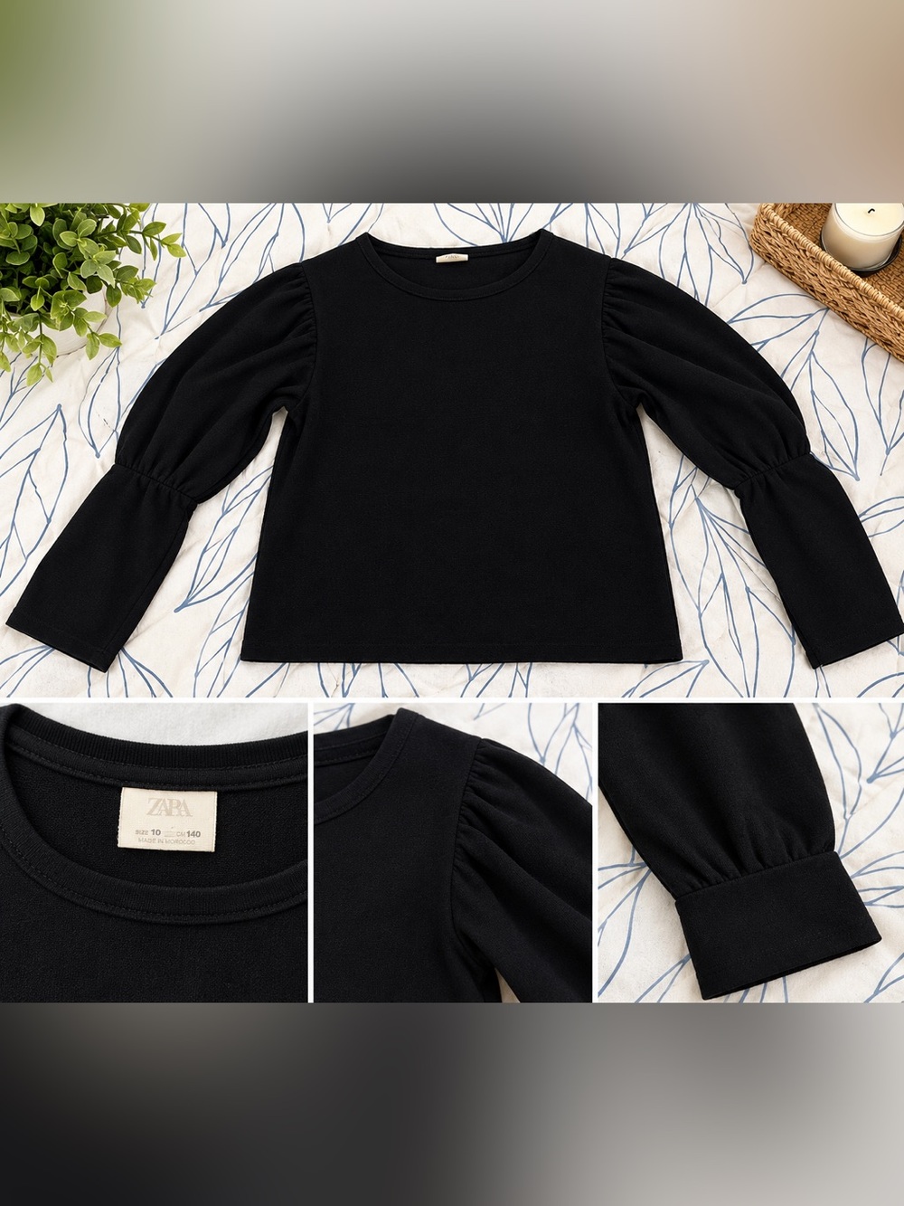 Zara Black Puff-Sleeve Long Sleeve Top for Kids